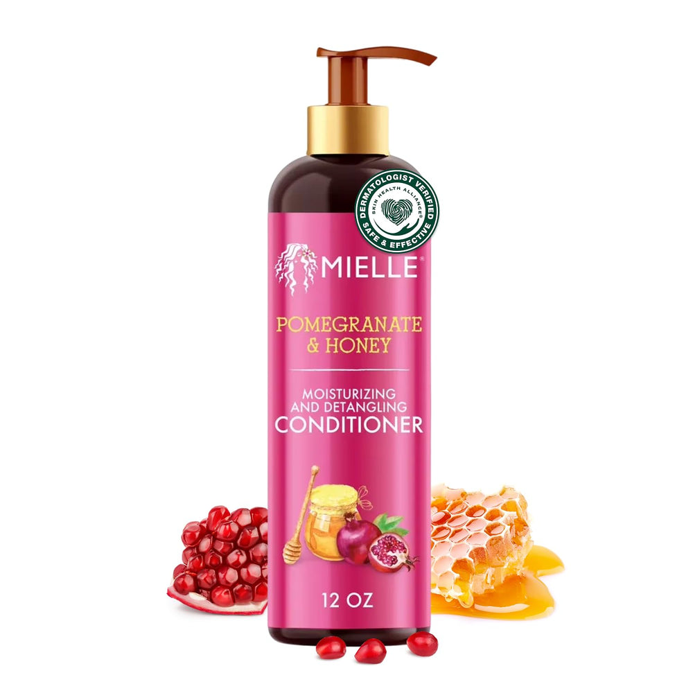 Acondicionador desenredante de Mielle Organics, botella visible facilita el peinado.