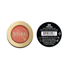 Milani Baked Blush Corallina: aplicación en mejillas para efecto brillo suave.