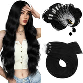 Extensiones Moresoo Microlink en cabello negro jet para un aspecto natural y fluido