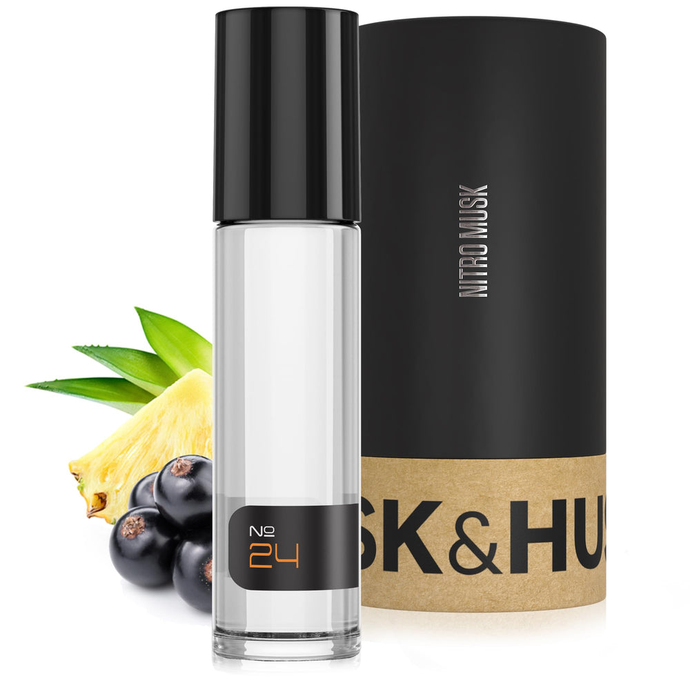 Creed Aventus No. 24 de Musk & Hustle, frasco compacto para aroma duradero.