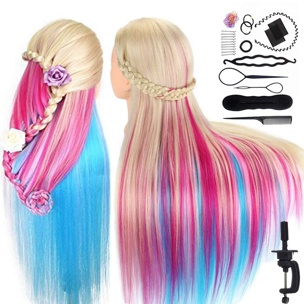 MYSWEETY cabeza de maniquí colorida con pelo largo para practicar peinados
