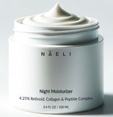 NAELI Crema de Retinol Noche, botella destacada, favorece textura suave y tono más uniforme.