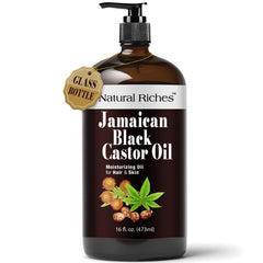 Natural Riches aceite de ricino negro jamaicano en frasco de vidrio para cabello saludable.