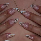 NBNTGH uñas francesas blanco con línea dorada, estilo diario y elegante.