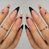 NBNTGH uñas postizas almendra frances negro con corazon dorado, ideales para eventos