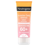 Neutrogena Invisible Daily Defense sunscreen lotion on skin; clear finish for all tones, with sun protection