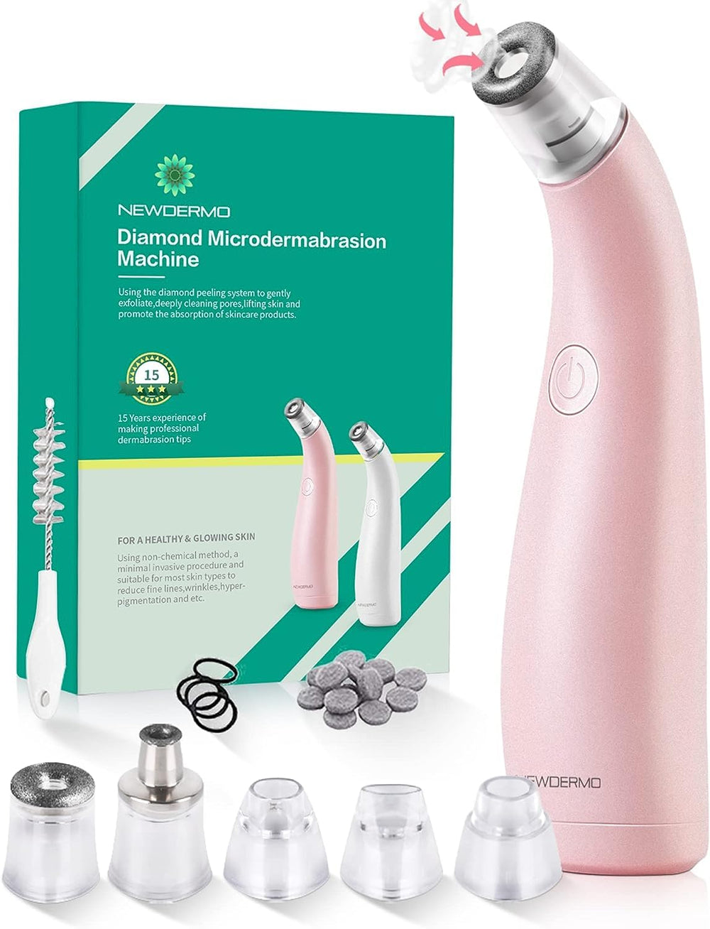 NEWDERMO 2 en 1 microdermoabrasión facial con cabezal diamante rosa para piel radiante
