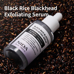 NIDA Arroz Negro Exfoliante Suero, dispensador gotero; aplicación precisa para exfoliar.