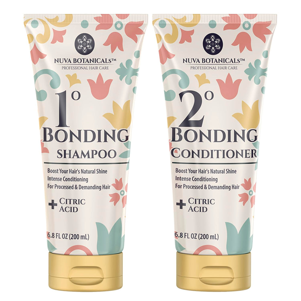 Nuva Botanicals Bond Repair Champú, botella, reparación de enlaces y hidratación para cabello dañado.