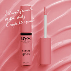 NYX Butter Gloss Tiramisu, textura cremosa que ofrece brillo ligero y cómodo.