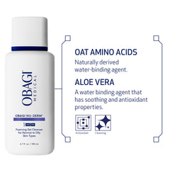 Obagi Nu-Derm Gel Espumoso para limpieza diaria, elimina impurezas y grasa visible.