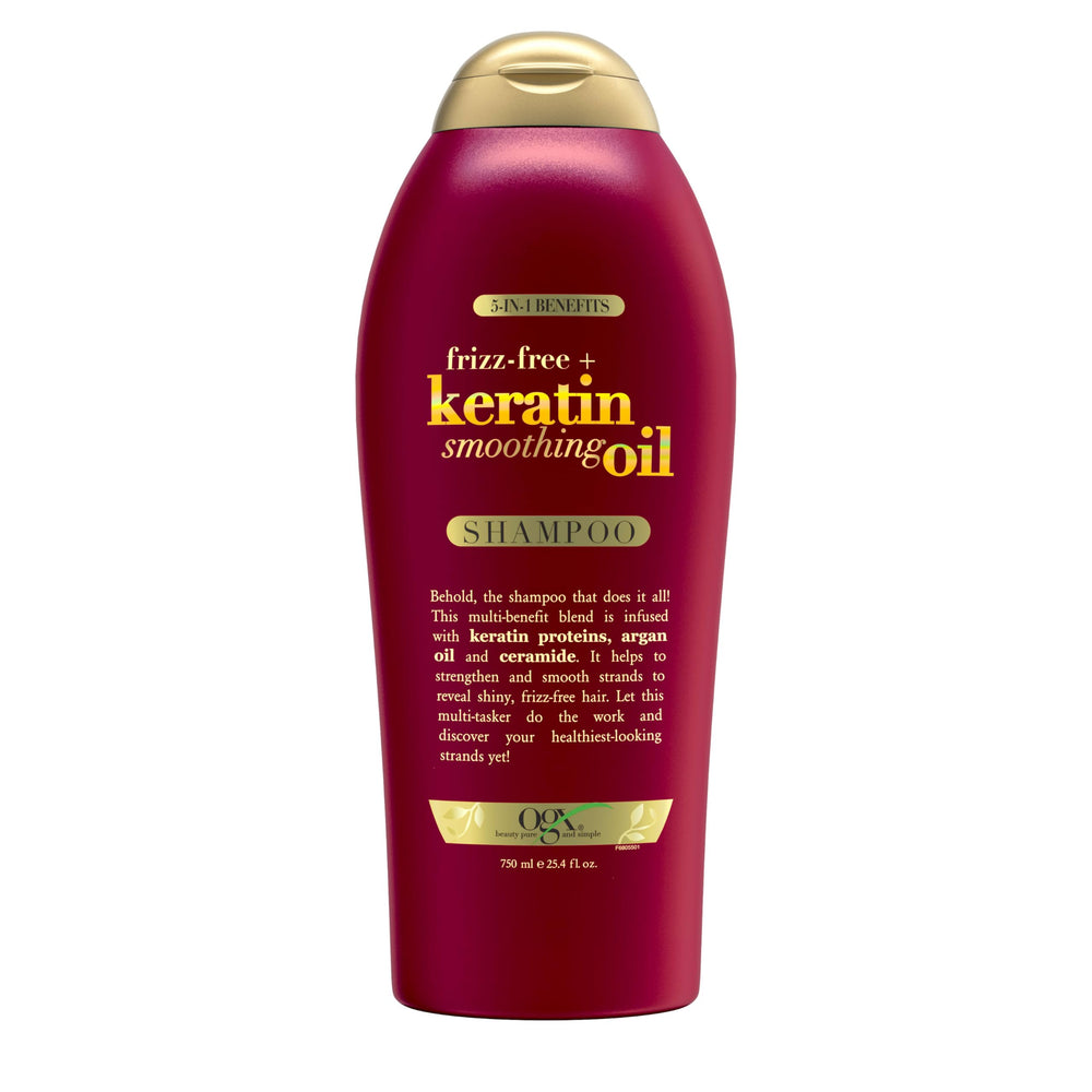OGX Champú Antifrizz con Keratina, botella frontal, controla el frizz y aporta brillo.
