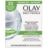 Toallitas faciales Olay 4-en-1, sensibles, para cuidado suave diario.