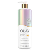Loción corporal Olay con envase dispensador, mejora hidratación prolongada.