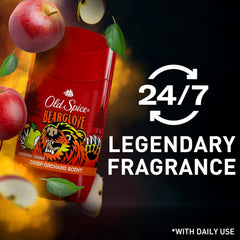 Old Spice Bearglove, vista trasera, muestra información y uso diario recomendado.