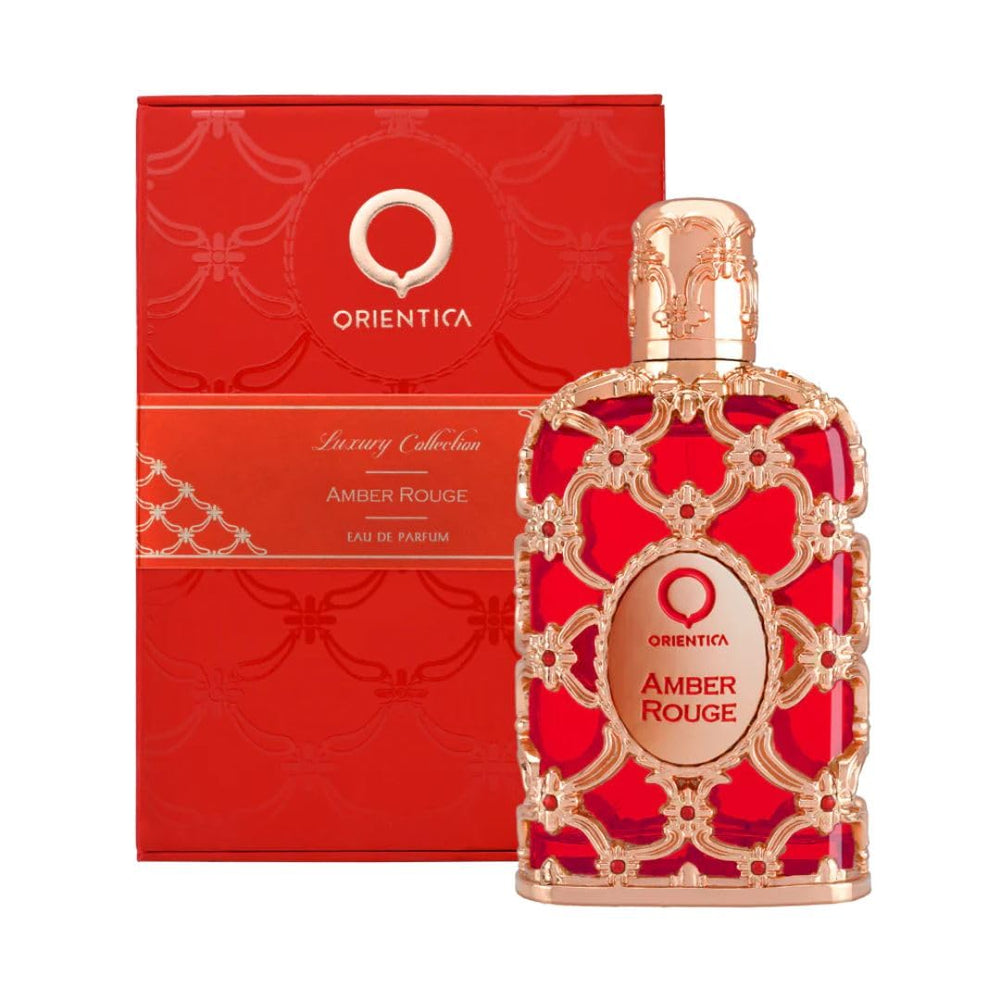 Orientica Amber Rouge perfume botella: diseno lujoso para salidas nocturnas.
