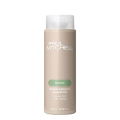 Detalle de la botella de Paul Mitchell Super Smooth Shampoo con diseño elegante