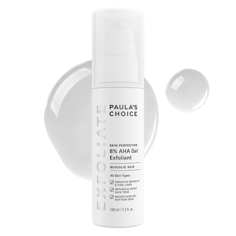 Paula's Choice gel exfoliante 8% AHA en envase, mejora la textura de la piel.