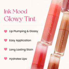 A swatch reveals plump, glossy lips with a luminous finish from Ink Mood Glowy Tint.