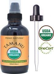 Frasco ámbar Prime Natural Tamanu con bomba para dispensación controlada.