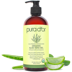 PURA D'OR gel aloe vera orgánico en bote, hidratación suave para piel.