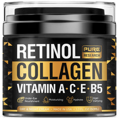 Pure Research crema retinol, botella visible, hidratación suave para piel renovada.