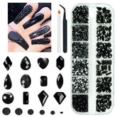 qiipii kit piedras uñas negro jet 72 formas, brillo facetado para uñas