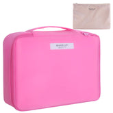 Queboom bolso de maquillaje de viaje en rosa claro, compacto y práctico para organización.