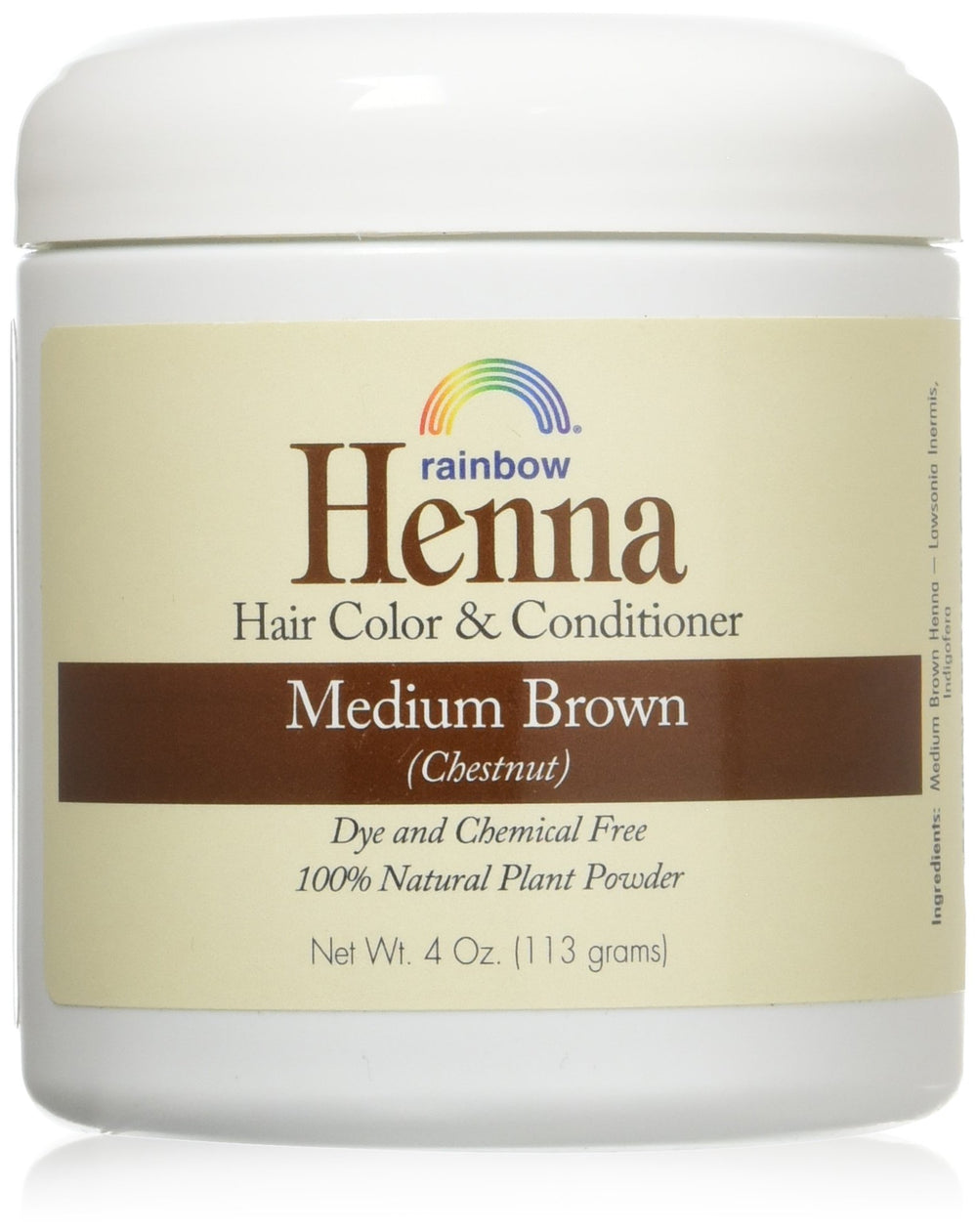 Rainbow Research Henna Persa Med Brown, botella para tinte natural en el cabello.