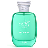 Rasasi Hawas Tropical en frasco, aroma fresco para uso diario y confianza