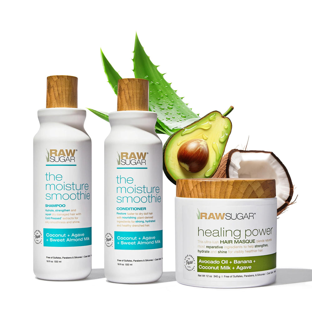 RAW SUGAR champú hidratante, botella visible para control del encrespamiento