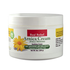 Real Relief Arnica Cream con absorción rápida para alivio localizado durante el masaje.