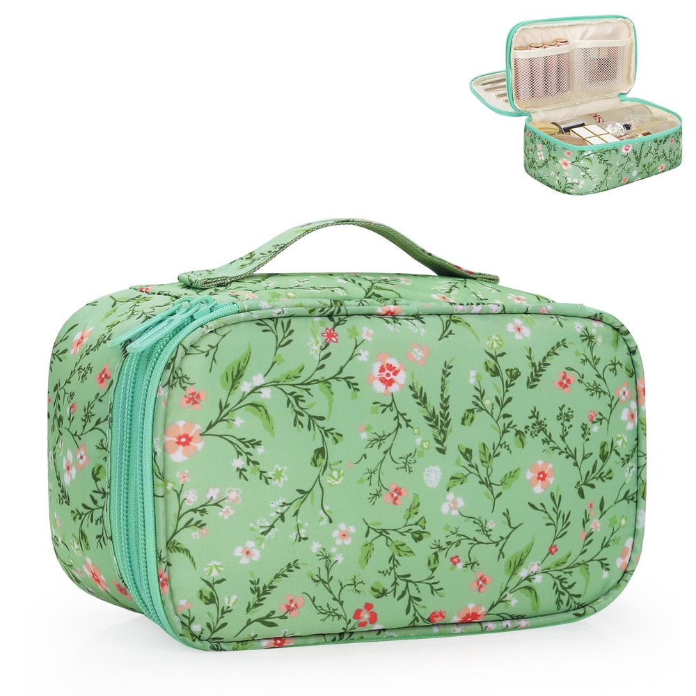 Relavel bolsa maquillaje floral verde, tamaño compacto ideal para viaje y organización diaria.