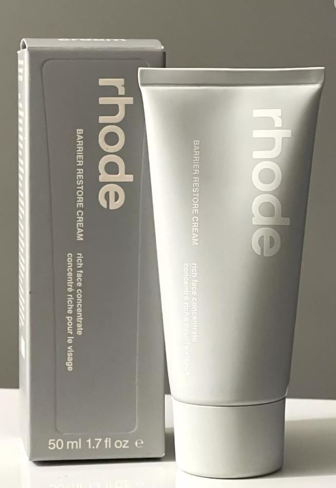 Rhode Barrier Restore Cream jar in white, showing rich hydration for daily skin comfort.