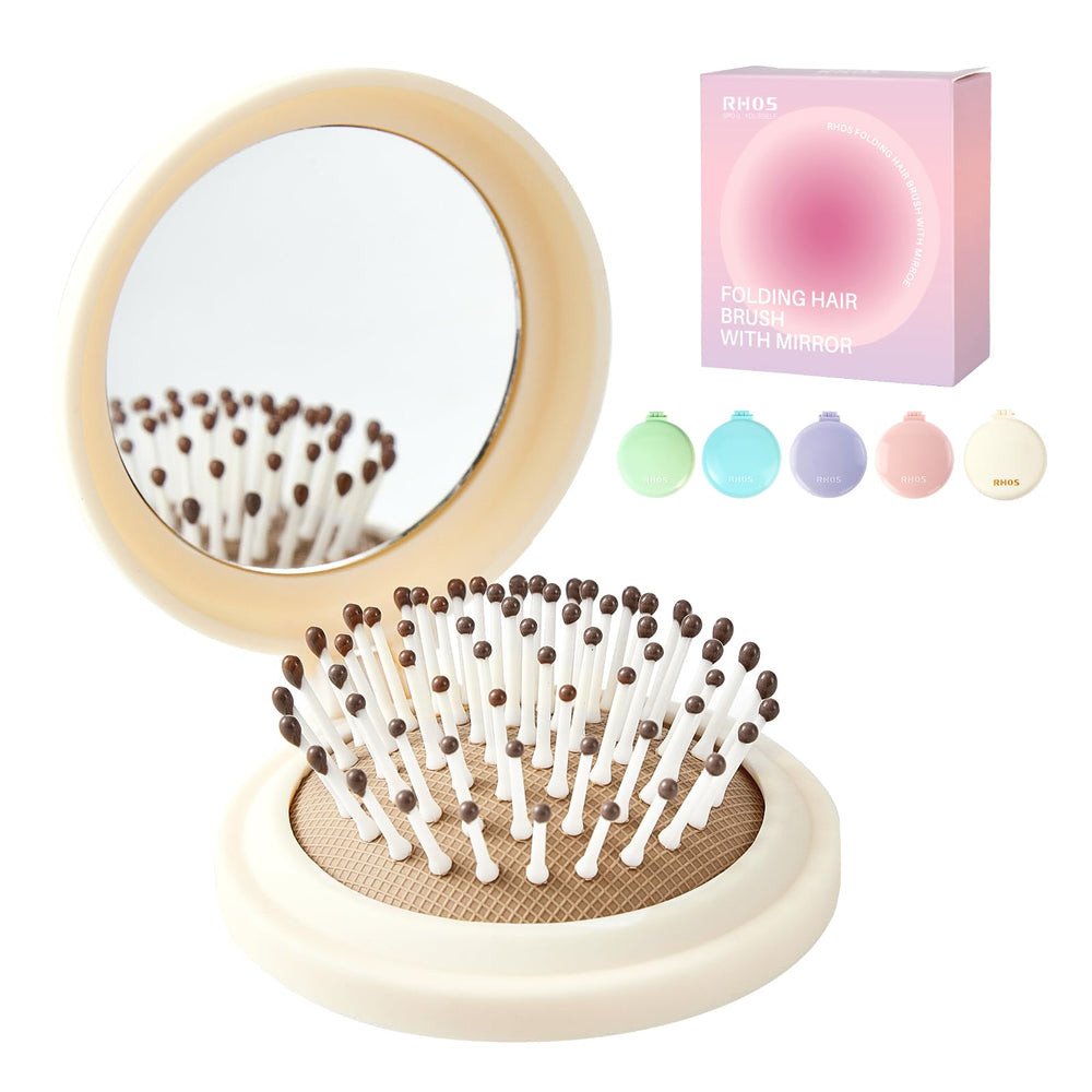 RHOS cepillo de cabello plegable con espejo portátil beige para uso diario