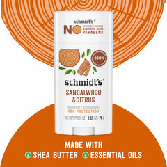 Schmidt's Sandalwood y Citrus, aplicación en axilas con 1–2 movimientos para frescura.
