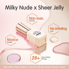 SHOYUM jelly swatches on nails demonstrate sheer coverage for natural, everyday nails.