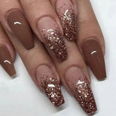 SINHOT uñas prensadas en forma ataúd mediana con brillo y gradiente marrón, estilo elegante.