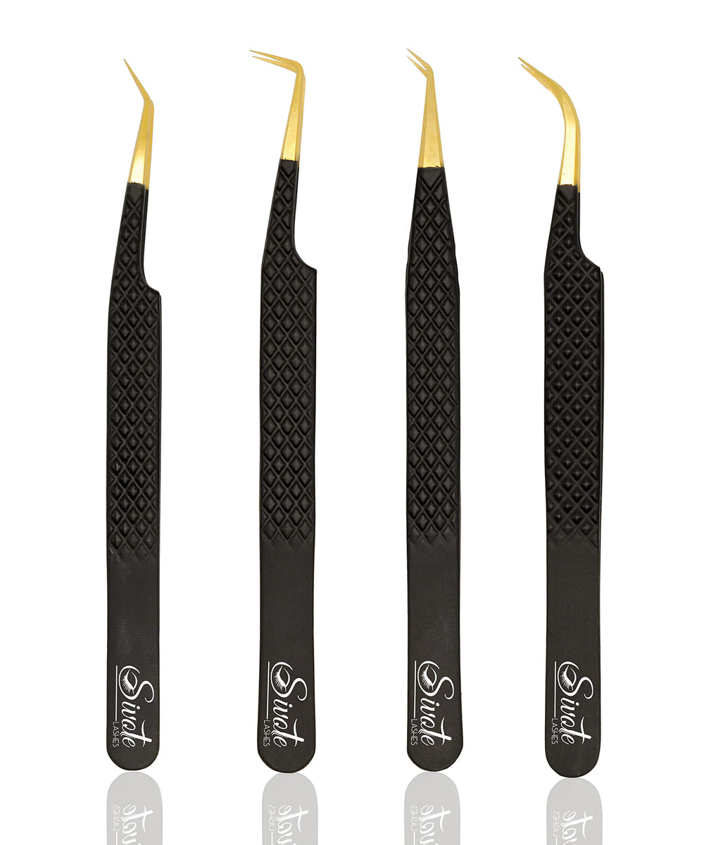 Pinzas SIVOTE para pestañas con puntas precisas, negro, set de 4, aplicación exacta.