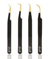 Pinzas SIVOTE para pestañas con puntas precisas, negro, set de 4, aplicación exacta.
