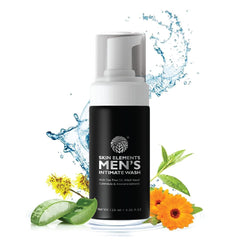 Skin Elements lavando área íntima con botella; higiene diaria y frescura.