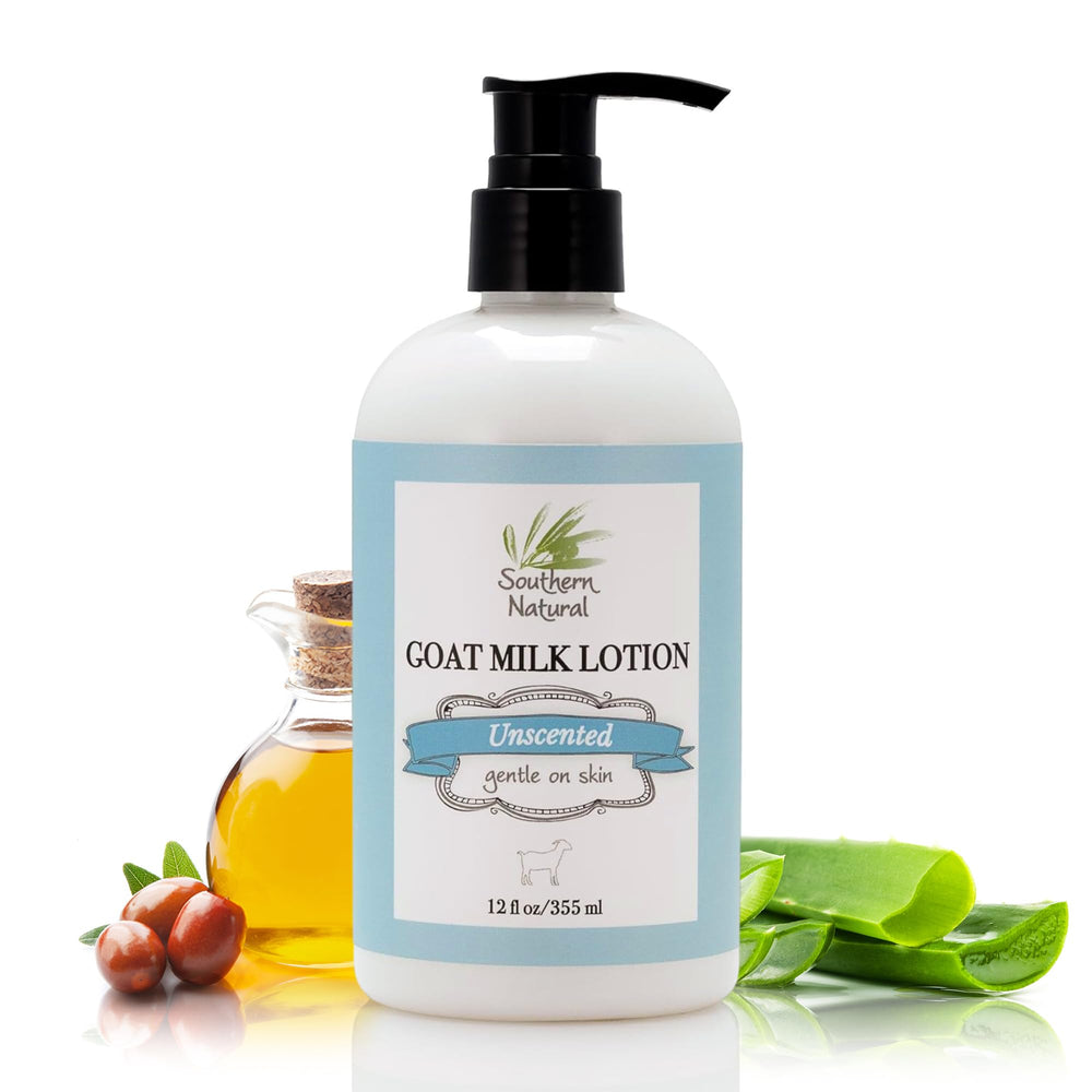 Loción de leche de cabra Southern Natural, foto del bote, hidratación suave para piel seca