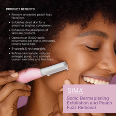 SIMA dermaplaning facilita la eliminación de vello facial sin dolor en casa.
