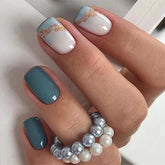SRIMNUYY uñas postizas cortas cuadradas mar azul con brillos dorados, uso diario