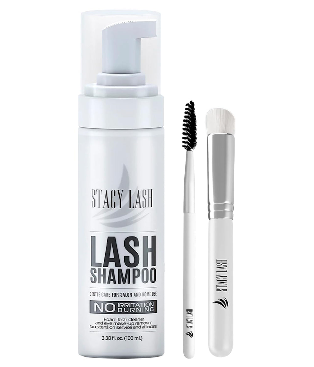 STACY LASH shampoo envase espumoso: limpieza suave para pestañas y extensiones.