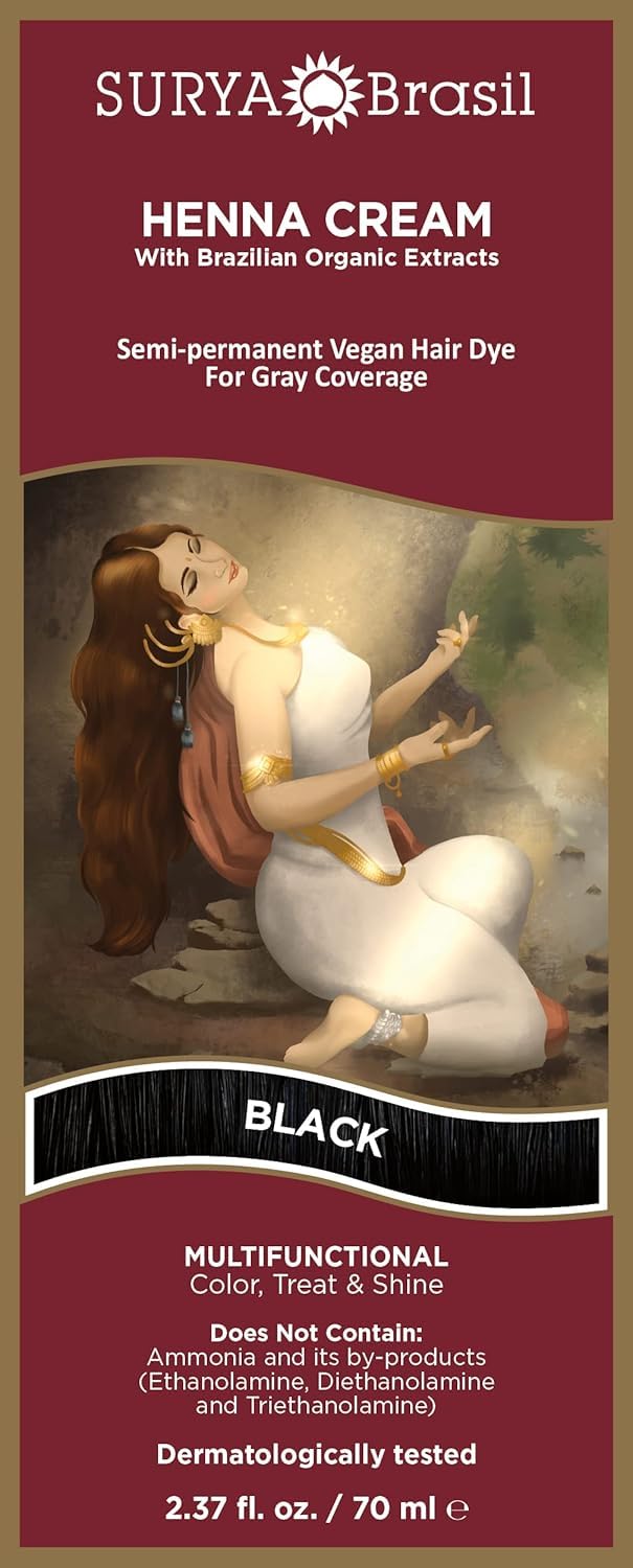 Surya Brasil Henna Cream frasco negro para coloración suave y acondicionamiento.