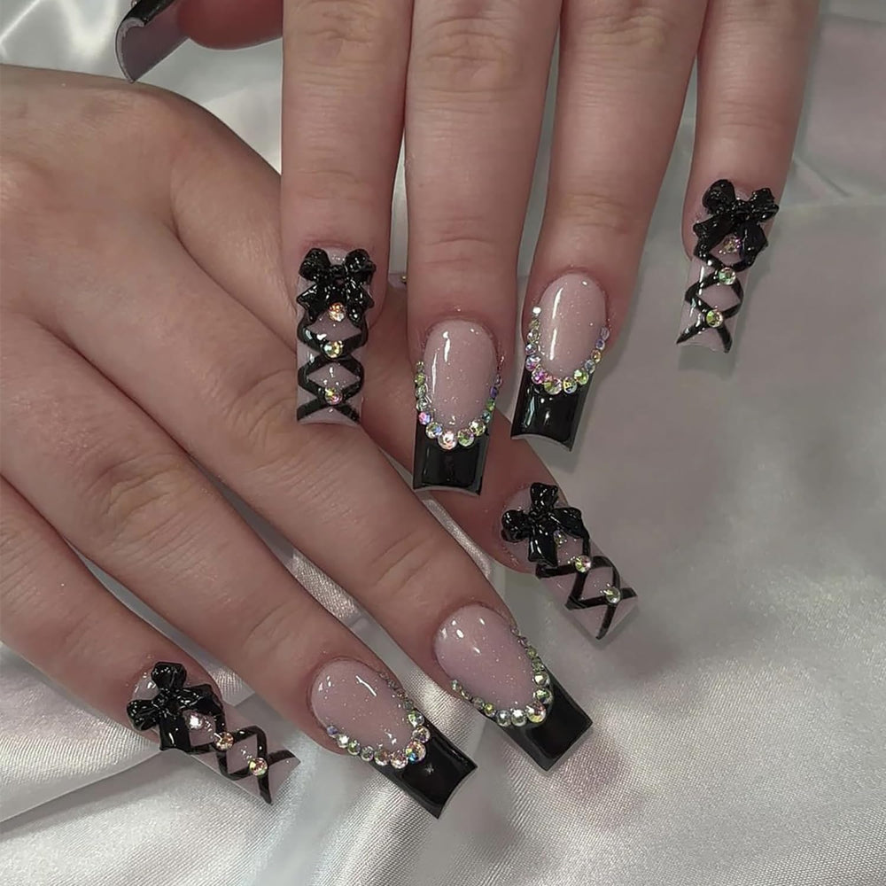 Uñas falsas TBRZTR negro Frances con cristales para look elegante.