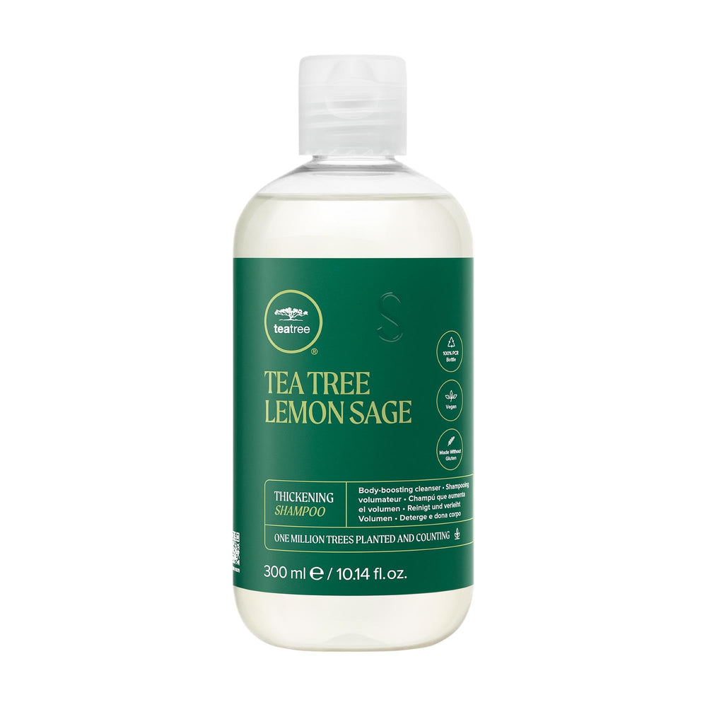 Tea Tree Lemon Sage Thickening Shampoo, botella vertido, aporta volumen ligero.