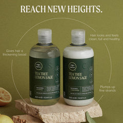 Tea Tree Lemon Sage Thickening Shampoo, etiqueta con logo, destaca ingredientes clave.