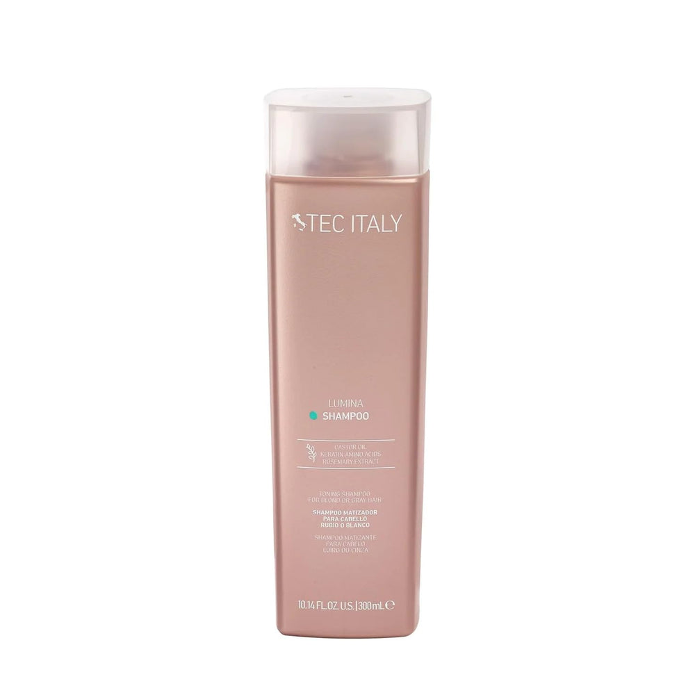 Tec Italy Lumina champú púrpura realza rubios y neutraliza reflejos verdosos.